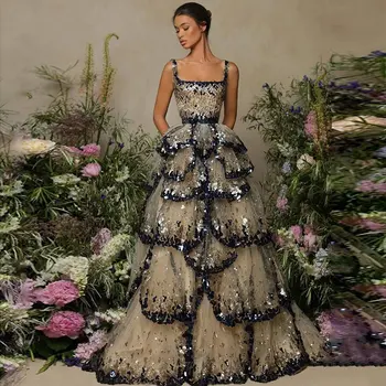 יוקרה בדובאי שמלות ערב שמלת נשף נוצץ נצנצים שכבות קפלים אלגנטי נשים שחור ארוך מסיבת חתונה רשמית שמלות Vestido