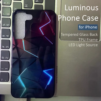 יוקרה גיאומטריה צבעוני LED אור זוהר זוהר זכוכית מחוסמת מקרה טלפון עבור iPhone 15 12 13 14 X Xs Xr Mini Pro מקס פלוס