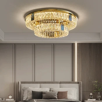 יוקרה הפוסט-מודרנית קריסטל מנורת תקרה בסלון חדר שינה עגול נירוסטה LED אור חדר לימוד גופי люстра потолочная