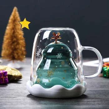 יצירתי עץ חג המולד לכוס זכוכית שכבה כפולה קפה תה ספל משקאות קינוח ארוחת בוקר חלב כוס זכוכית ספלים להתמודד עם Drinkware מתנה