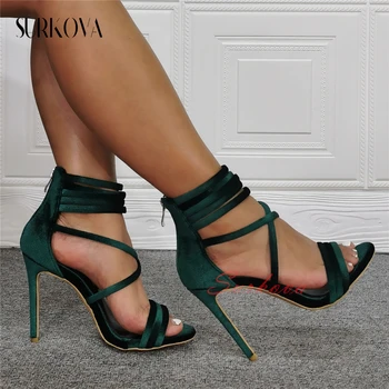 ירוק כהה קטיפה דק רצועת בוהן פתוח סנדלי בוהן עגול אופנה סנדלי בנות דק נעלי עקב הקיץ וינטאג', נעלי נשים