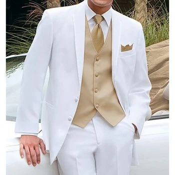 לבן החתן חליפות חתונה 3 חתיכה מותאם אישית עישון חליפות גברים להגדיר את מעיל האפוד זהב עם מכנסיים האופנה הגברי בגדים 2023