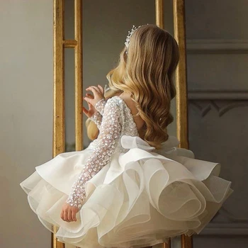 לבנים מדהימים פרח ילדה שמלות חרוזים שרוולים ארוכים ילדה התחרות שמלות קפלים שמלות נשף ילדים הנסיכה חתונה יום הולדת