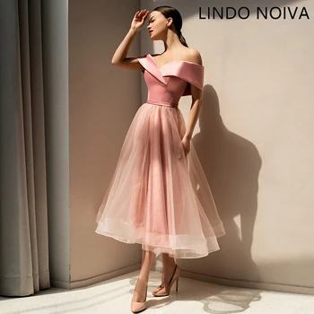 לינדו NOIVA סטרפלס טול המודרנית את כתף נשף שמלת לנשים תה אורך עטוף מסיבת ערב שמלת חלוק דה לנשף