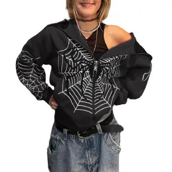 ללבוש מזדמנים Spider-web מודפס בסגנון הגותי של נשים קפוצ ' ונים בציר במשהו מעילי סתיו/חורף אופנת רחוב פאנק המעיל פאנק