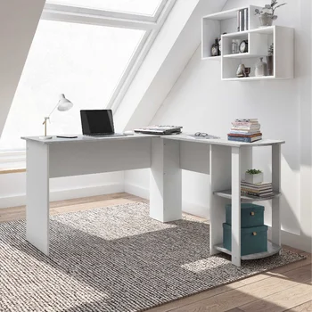 מודרני בצורת השולחן עם הצד מדפים, אפור מחשב שולחן שולחן שולחן שולחן