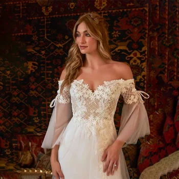 מוניקה מתוקה שמלת החתונה הזיקוק השרוול אפליקציות קו שמלות כלה באורך רצפת רכבת משפט Vestido De נוביה בהזמנה אישית