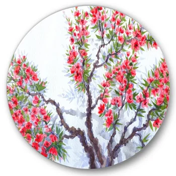 'מופשט אדום פרחים של האביב עץ' מסורתי עיגול מתכת אמנות קיר 36x36 - דיסק של 36