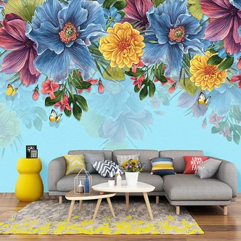 מותאם אישית 3D רטרו צבוע ביד פרחוני ציור קיר הסלון, חדר השינה רקע טפט תמונה פרחים כחולים עמיד למים בד הציור