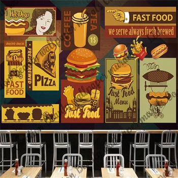 מותאם אישית רטרו מזון מהיר טפט בורגר פיצה ציור מסעדה קיוסק חטיפים רקע קיר טפט הנייר דה Parede