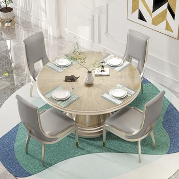 מטבח שולחן עגול עם לכה מסתובב יציב עץ מלא מסגרת שולחן אוכל, כיסא ישיבות מרכז שולחן האוכל