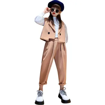 מידות גדולות לילדים בגדים להגדיר אביב סתיו ארוך שרוול חולצת טי+אפוד+מכנסיים 3Pcs בגדים רשמית נוער ילדה קוריאנית אופנת רחוב תחפושת
