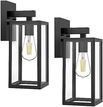 מנורות קיר חיצוני עמיד למים פנס גופי תאורה, שחור המרפסת אורות עם זכוכית משוריינת צל, אנטי-חלודה E26 שקע קדמי D