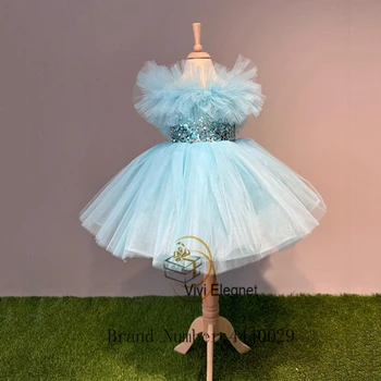 מקסים מנטה כחול פרח ילדה שמלות לנשים נצנצים באורך הברך רך טול מסיבת חתונה שמלות 2023 הקיץ فساتين اطفال لل