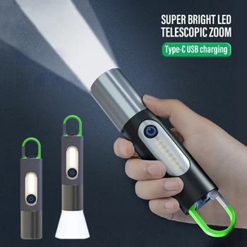 משולבת LED Zoomable פנס עם לחץ עבודה האור נטענת USB חיצוני קמפינג דיג עמיד במים מחזיק מפתחות מנורה