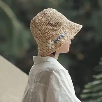 מתקפל דלי כובע קטן דייזי רקום שמש כובע קיץ אופנה מגוונים כובע קש בקיץ כובעים לנשים