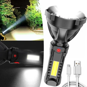 ניידת נטענת USB פנס LED 3 מצבי תאורה עם קלח צד האור הרפתקאות קמפינג חיצוני חזק אורות