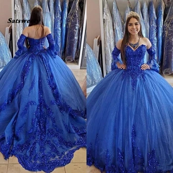 נסיכה ערבית כחול רויאל הטקס שמלות 2023 תחרה חרוזים אפליקציה מתוקה נשף שמלות תחרה-הולדת 16 שמלת מסיבת