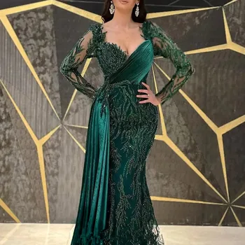 נשים 2023 יוקרה אלגנטית דובאי ירוק חצוצרה באורך רצפת שרוולים ארוכים עטוף שמלת הערב רשמית אירוע הסיום