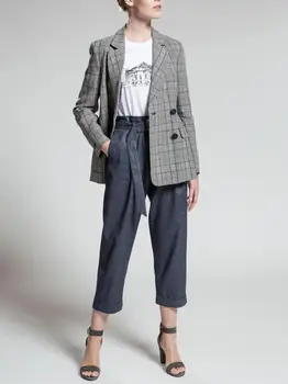 נשים החליפה מעיל כפול כפתורים משובצת שרוול ארוך מחורצים סלים בלייזר משרד ליידי אביב 2023