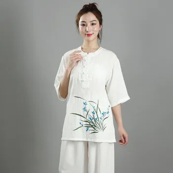 נשים סינית מסורתית כותנה פשתן לרקום שרוול ארוך וושו טאי-צ 'י, קונג-פו המדים חליפת מדים טאי-צ' י התעמלות בגדים