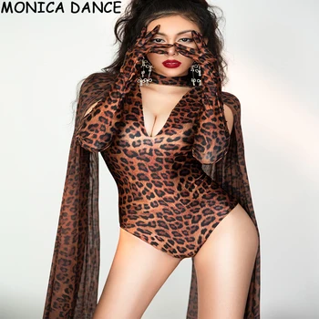 נשים סקסי הבמה נמר תבנית חלולה בגד כפפות צעיף גדול למתוח מודפס בגד DS נשים רקדנית בר תלבושת להגדיר