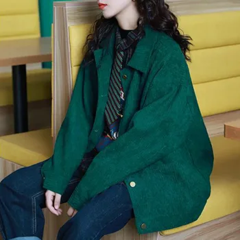 נשים קוריאני סגנון אלגנטי בהיר אופנתי חופשי סלים מקרית מעילי מוצק קורדרוי ירוק משובח בסיסי להאריך ימים יותר Turn-למטה צווארון