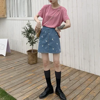 נשים קיץ חמוד דייזי רקמה ג 'ינס חצאיות Cottagecore סגנון קוריאני גבוהה המותניים אישה קצר ג' ין קו חצאיות לנשים