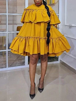 נשים רופף שמלות צהוב מתוקה קפלים עטלף שרוול נפוח מיני החלוק אלגנטי אפריקה אופנה מזדמן אירוע Vestido 2023