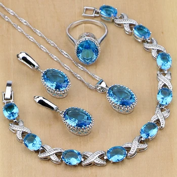 סטרלינג 925 תכשיטי כסף כחול אבני מזל תכשיטים מגדיר עבור נשים החתונה עגיל/תליון/שרשרת/טבעות/צמיד