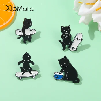סיטונאי חתול שחור אמייל סיכות חמודות סקייטבורד חיה מותאמת אישית סיכות תג אביזרים בגדים תרמיל מתנה תכשיטים