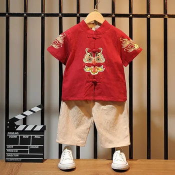 סינית מסורתית בגדים עבור הילד רטרו כותנה ופשתן עם שרוולים קצרים שני חלקים טאנג חליפה ילדים Hanfu חליפה בסגנון סיני