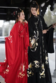 סינית עתיקה Hanfu עבור זוגות ליל כל הקדושים תחפושות קוספליי שמלת מסיבת Hanfu ' קט אדום שחור סטים לגברים לנשים בתוספת גודל