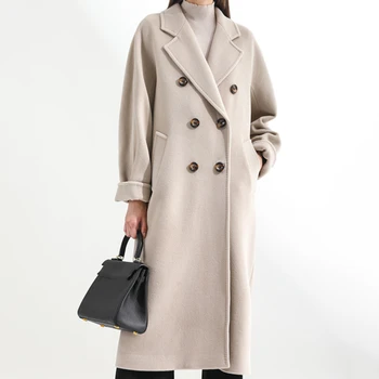 סתיו נשים מעיל מוצק צבע כפול עם חזה בינוני-אורך עם חגורת מעיל חורף חופשי מזדמנים בתוספת גודל נקבה להאריך ימים יותר