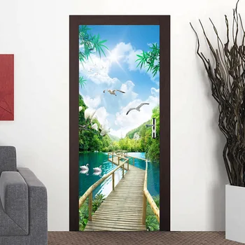 עץ גשר טבע נוף 3D ציור קיר PVC הדלת מדבקה הסלון, חדר השינה דביק עמיד למים הדלת טפט תפאורה הביתה