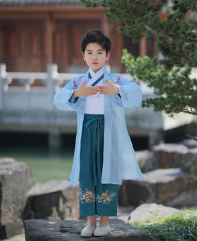עתיק מסורתי תחפושות לילדים 3Pcs בסגנון סיני בנים כחול Hanfu הבמה תלבושת להתלבש תינוק ילד טאנג חליפה