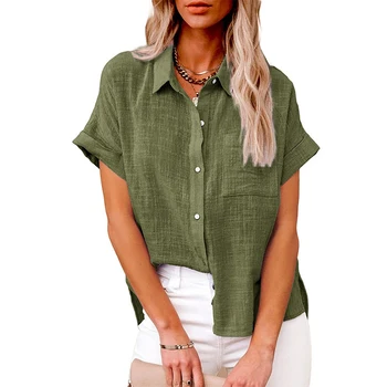 פנאי לבן ירוק חולצות כפתור דש המקטורן העליון הגברת רופף קצר שרוול כותנה פשתן נשים חולצות קיץ Blusas Mujer