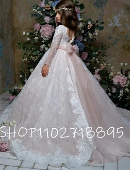 פרח ילדה שמלות לחתונות 2023 כדור שמלת התייחדות רך שמלת תחרה עם שרוולים ארוכים הפעוט רשמי שמלות מסיבת ילדים