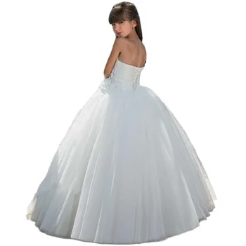 פרח לבן בנות שמלות ללא שרוולים תחרה אפליקציה טול מחוץ כתף אורך רצפת בנות קודש הראשון קודש שמלת נסיכה