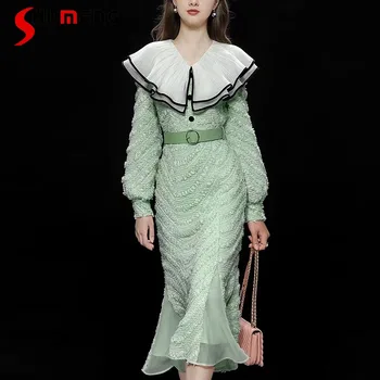 צרפתי בסגנון רטרו אלגנטי ירוק עם שרוולים ארוכים רזה בכושר המותניים זמירה סרוגה רקומה שמלת מלמלה תפירת השמלה Fishtail
