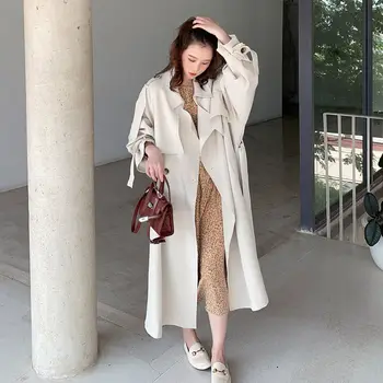 קוריאה חופשי Oversize כפול עם חזה ארוך מעיל נשים שחור לבן אבק מעיל מעיל רוח הגברת הלבשה עליונה באביב בגדים
