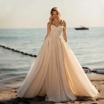 קלאסיקה מתוקה חוף חתונה שמלות שרוולים אפליקציות תחרה רכבת לטאטא שמלות כלה Vestido De