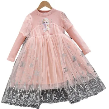 קפוא הנסיכה אלזה בנות חצאית אביב קריקטורה אנימה החוץ סגנון שרוול ארוך שמלת האופנה חמוד פלאפי חוט שמלת יום ההולדת