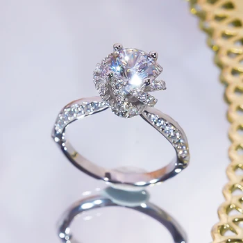 רוז מעיין פחמן גבוהה טבעת יהלום S925 כסף סטרלינג עם פלטינה מצופה טבעת טבעת פרח לנשים תכשיטים יפים לחתונה