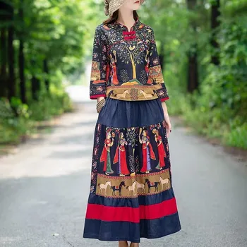 רטרו סין סגנון נשים כותנה פשתן מקסימום חצאית סט ביגוד אתני מסורתי טאנג חליפה חולצות Harajuku פיות אורינטל יוקרתי