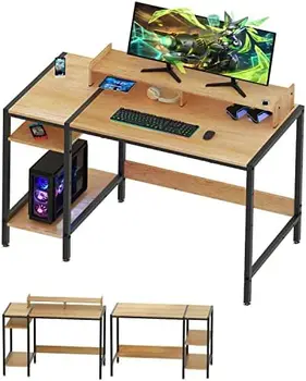שולחן מחשב - 47\u201D משרד ביתי קטן שולחני עם צג עמוד, כפרי, שולחן כתיבה ל-2 מסכים, מתכוונן שטח אחסון