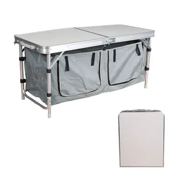 שולחן מתקפל נייד עם 2 אחסון ארגונית, אלומיניום קל משקל מתכוונן לגובה שולחן קמפינג מטבח פיקניק Barbecu