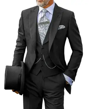 שחור/כחול חליפות גברים 3 חתיכה מחורצים דש פנאי צוואר V טוקסידו חתן חליפות גברים לחתונה (ז ' קט+אפוד+מכנסיים)
