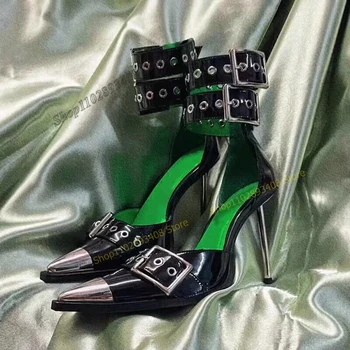 שחור מסמר עיצוב פאנק סגנון משאבות הבוהן מחודד אבזם רצועה דק עקבים נעלי נשים באיכות גבוהה 2023 אופנה סקסית Zapatillas Mujer