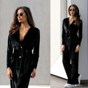 שחור צוואר V נשים בלייזר סטים יחיד עם חזה תחרה מעיל+רחב הרגל מכנסיים באיכות גבוהה קטיפה הגברת המשרד תלבושות